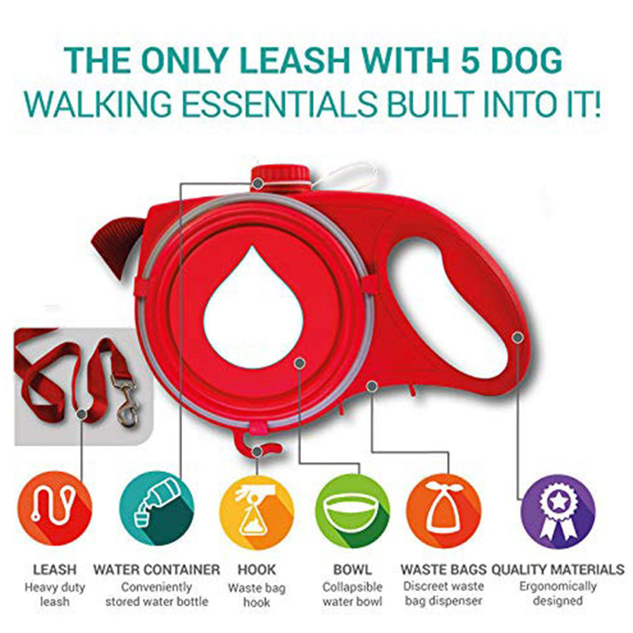 All-in-One Dog Leash with Built-in Water Bottle, Bowl & Poop Bag Holder